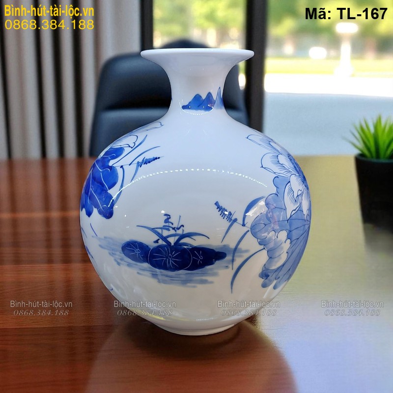 Bình hút lộc men lam vẽ sen – phong cách truyền thống Bát Tràng mã TL-167 – Ảnh 2