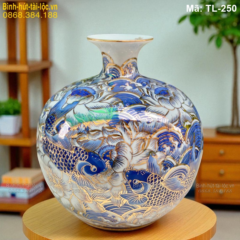 Bình hút tài lộc cá chép hoa sen cao 28cm – biểu tượng tài lộc, thịnh vượng mã TL-250