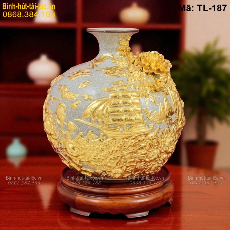 Bình hút tài lộc dát vàng Thuận Buồm Xuôi Gió – phong thủy kinh doanh mã TL-187