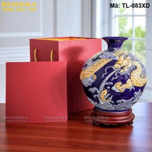 Bình hút tài lộc màu xanh dương đắp nổi Rồng – mang lại may mắn, hanh thông mã TL-083XD