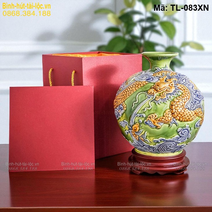 Bình hút tài lộc màu xanh ngọc đắp nổi Rồng – phong cách cao cấp, ý nghĩa phong thủy mã TL-083XN