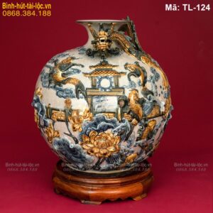 Bình hút tài lộc men rạn đắp nổi cảnh Cá chép hóa rồng mã TL-124