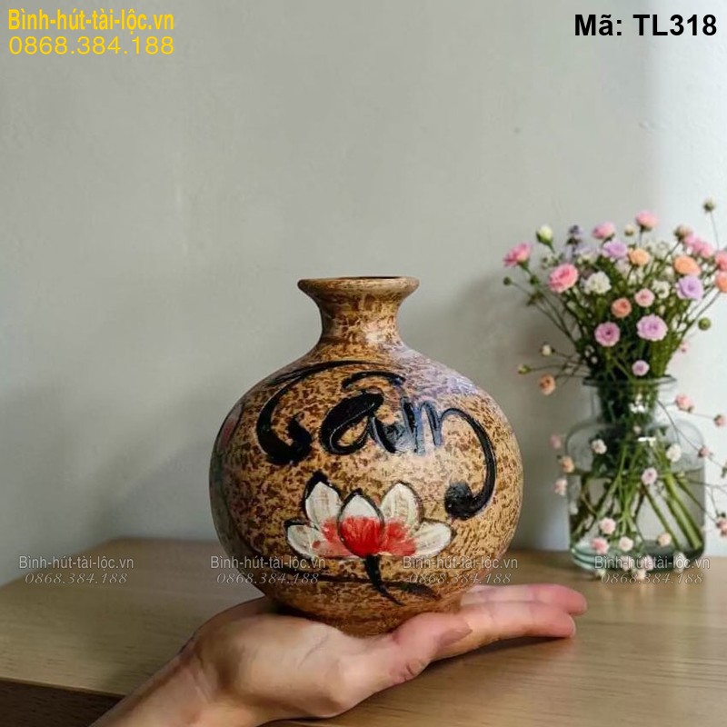 Bình hút tài lộc mini màu nâu chữ Tâm mã TL318