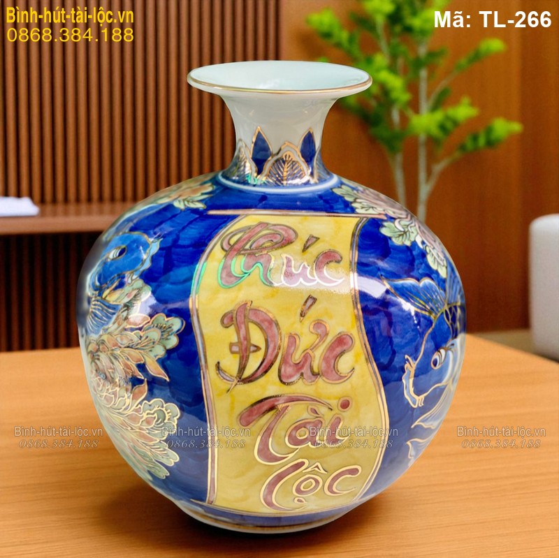 Bình hút tài lộc Sen Cá 24cm – chữ Phúc Đức Tài Lộc ý nghĩa mã TL-266