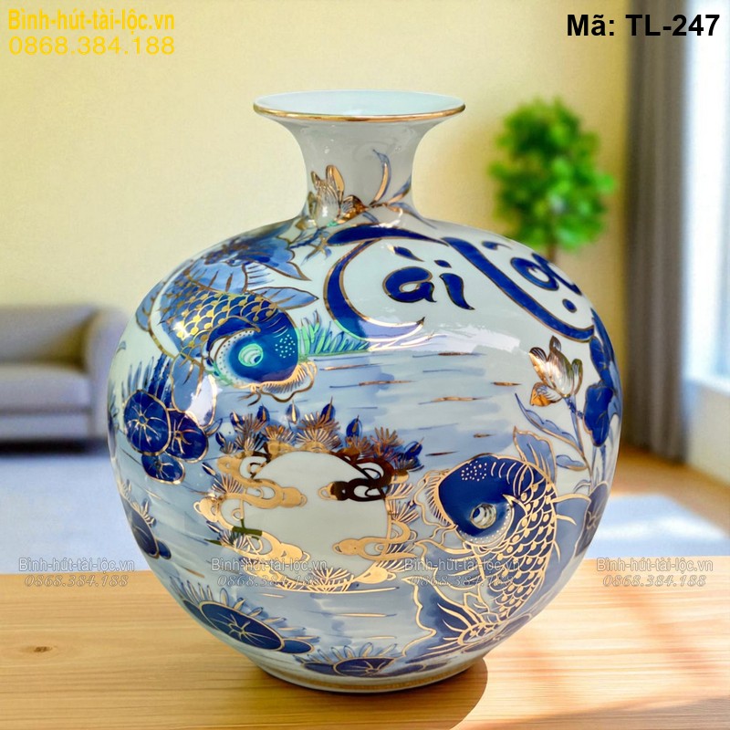 Bình hút tài lộc Sen Cá chữ Tài Lộc cao 28cm – ý nghĩa đầy đủ tài vận mã TL-247