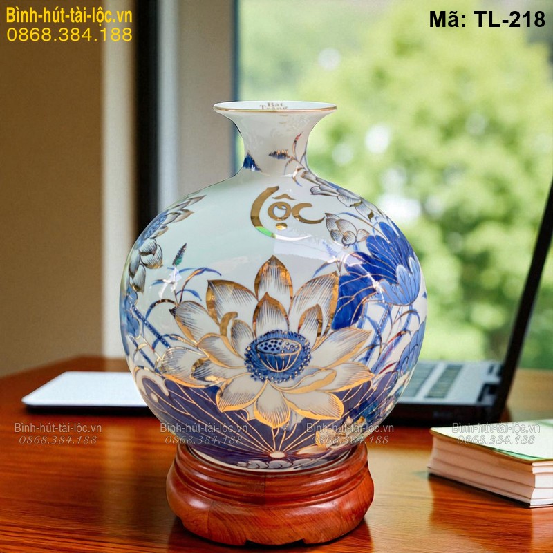 Bình hút tài lộc Sen Phú Quý chữ Lộc cao 28cm – bụng 26cm, dáng đẹp mã TL-218