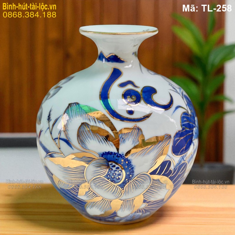 Bình hút tài lộc vẽ sen chữ Lộc mạ vàng cao 21cm – nhỏ gọn, đẹp mã TL-258