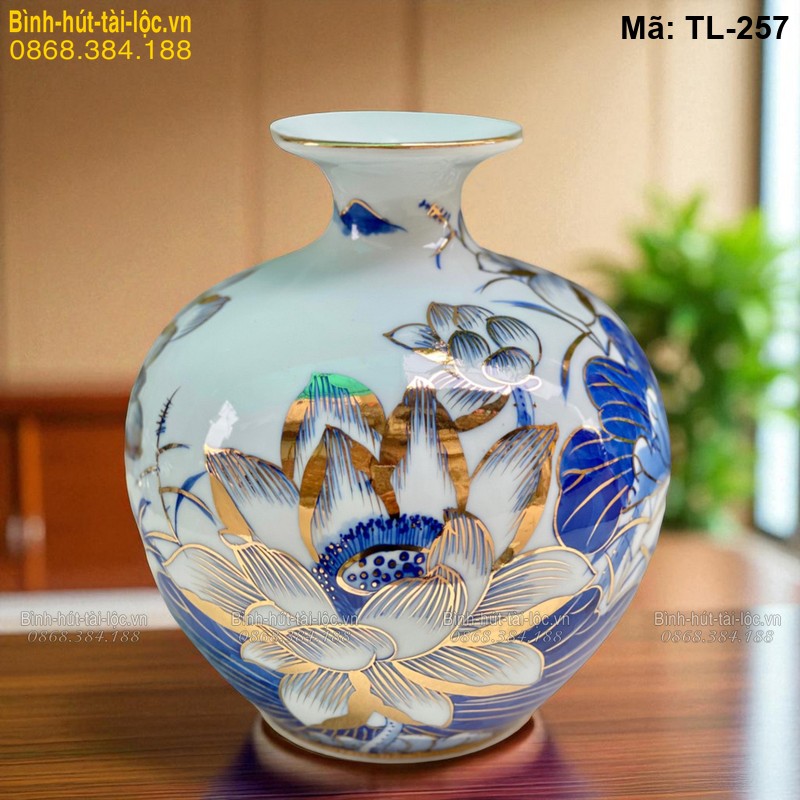 Bình hút tài lộc vẽ sen mạ vàng cao 21cm – phù hợp trưng bày bàn làm việc mã TL-257 – Ảnh 2