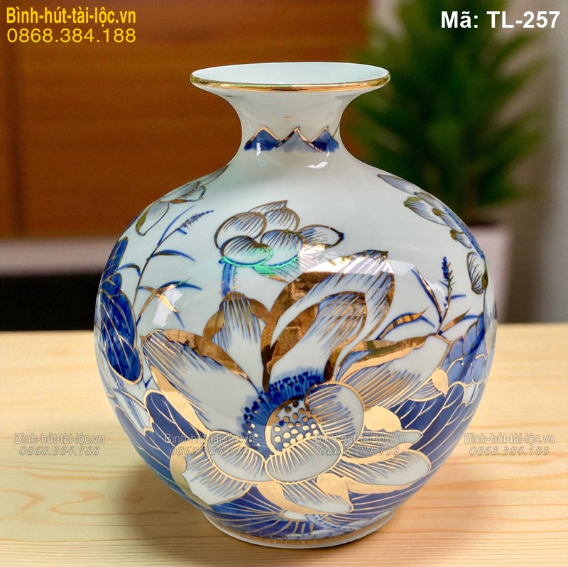 Bình hút tài lộc vẽ sen mạ vàng cao 21cm – phù hợp trưng bày bàn làm việc mã TL-257