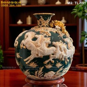 Bình tài lộc đắp nổi Bát Mã Truy Phong mạ vàng – biểu tượng thành công mã TL-191
