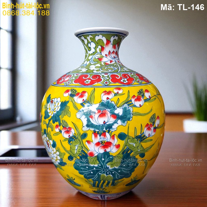 Bình tài lộc hoa Mẫu Đơn nền vàng – gốm Bát Tràng sang trọng mã TL-146 – Ảnh 2