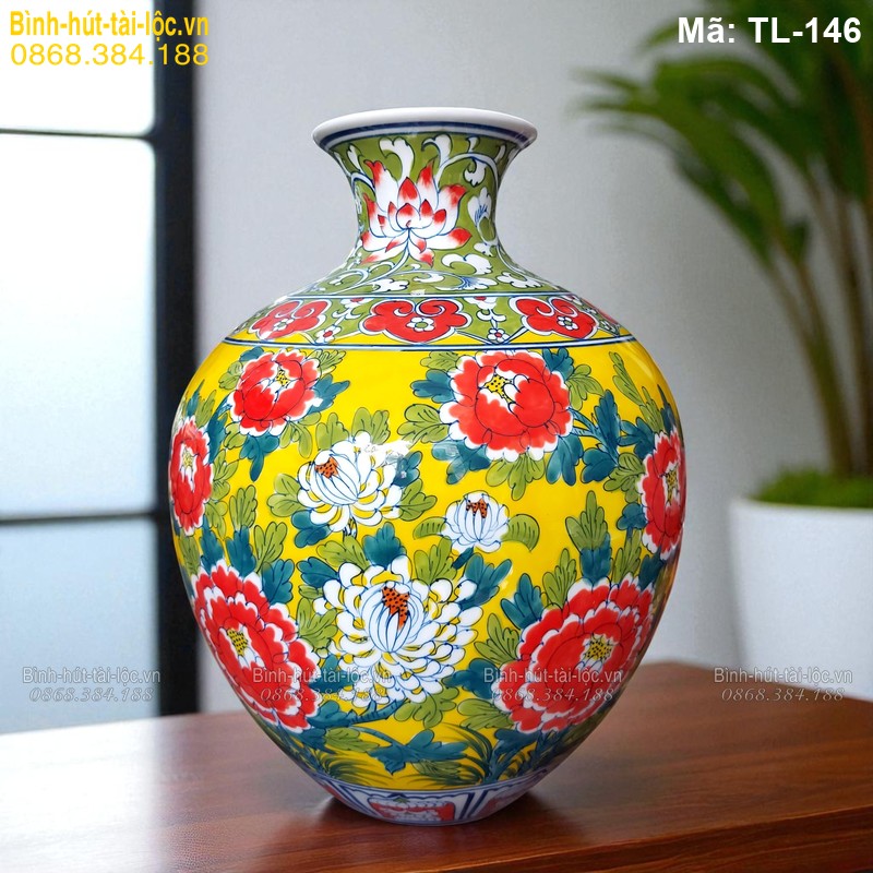 Bình tài lộc hoa Mẫu Đơn nền vàng – gốm Bát Tràng sang trọng mã TL-146