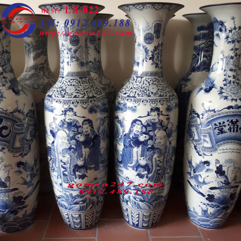 Lọ lục bình Bát Tràng vẽ tam đa Phúc Lộc Thọ Men lam